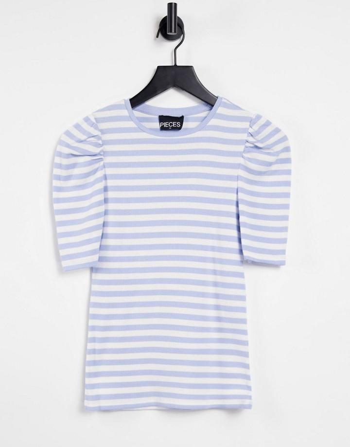 Pieces T-shirt With Puff Sleeves In Blue Stripe-multi