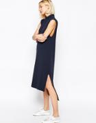 Adpt Knitted Clean Dress With Side Splits And High Neck - Navy