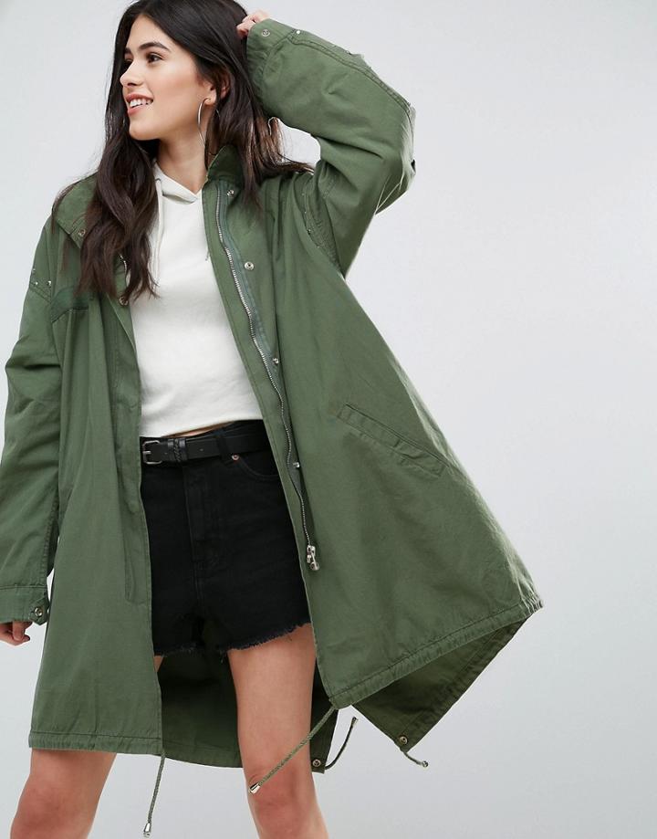 Missguided Khaki Sequin Back Oversized Parka - Green