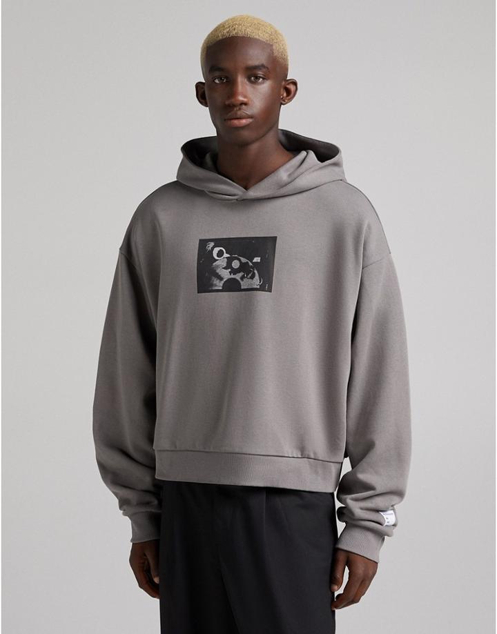 Bershka Cropped Hoodie With Front And Back Print In Charcoal-grey