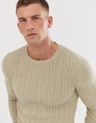 Asos Design Muscle Fit Lightweight Cable Sweater In Oatmeal-tan