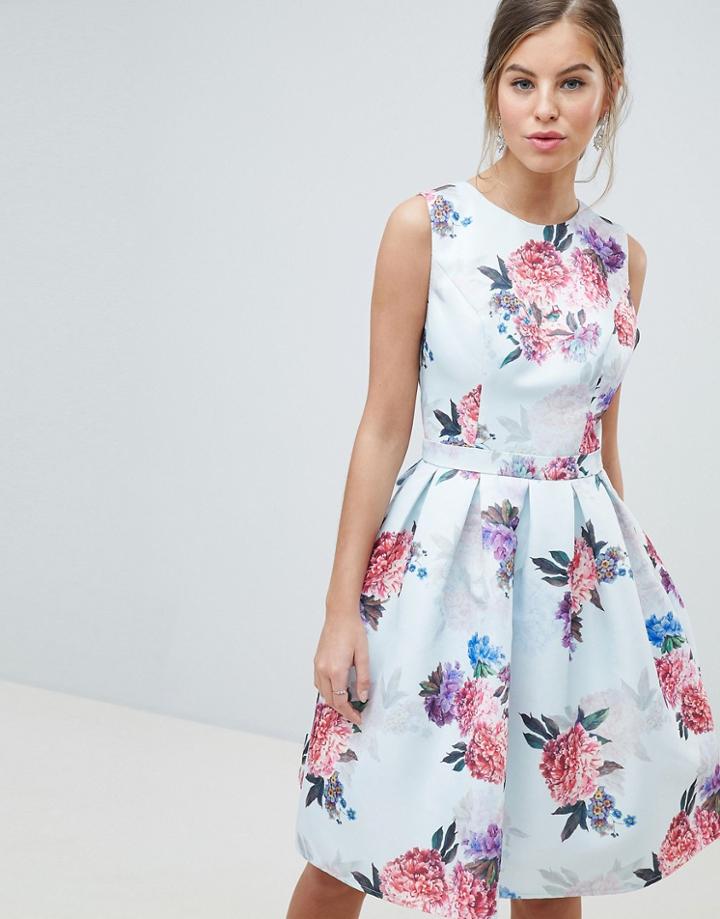 Chi Chi London Bow Back Midi Prom Dress In Floral Print-multi