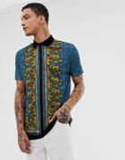 Asos Design Relaxed Longline Polo In Blue Leopard Print With Baroque Border Print - Blue