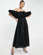 Asos Edition Puff Off Shoulder Cotton Midi Dress In Black