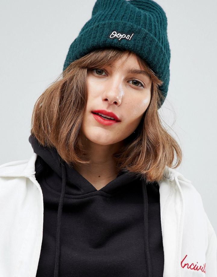 Pieces Oops Slogan Beanie Hat-green