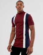 Asos Design Muscle T-shirt With Stretch And Turtleneck And Vertical Color Block - Red
