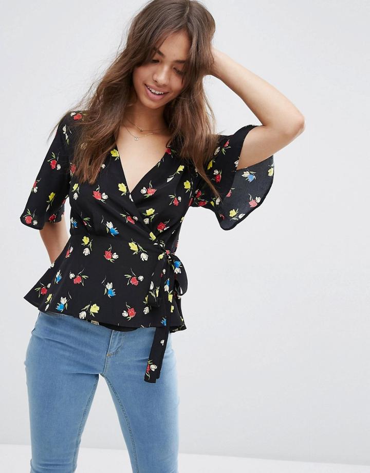 Asos Tea Blouse With Wrap Front In Floral - Multi
