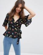 Asos Tea Blouse With Wrap Front In Floral - Multi