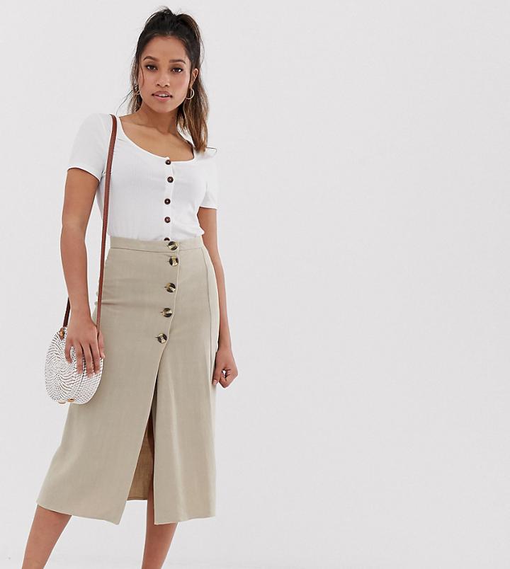 New Look Petite Button Down Skirt In Stone-blue
