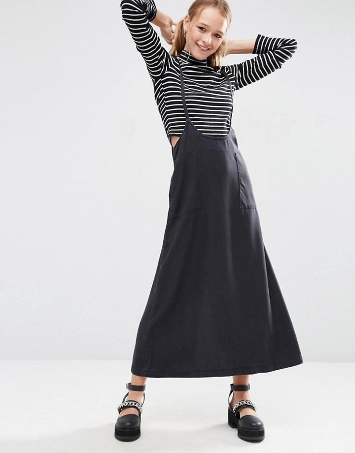 Asos Denim Skirt In Awkward Length With Suspenders - Washed Black