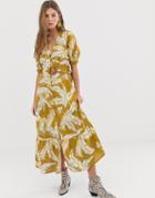 Asos Design Button Through Maxi Dress With Buckle Belt In Palm Print - Multi
