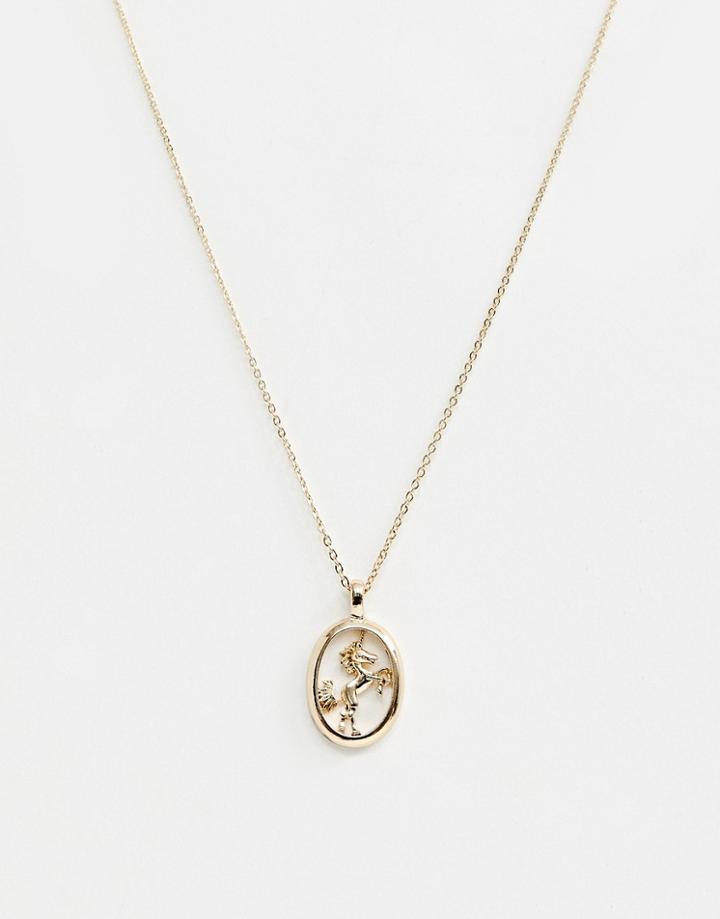 Asos Design Necklace With Unicorn Pendant In Gold - Gold