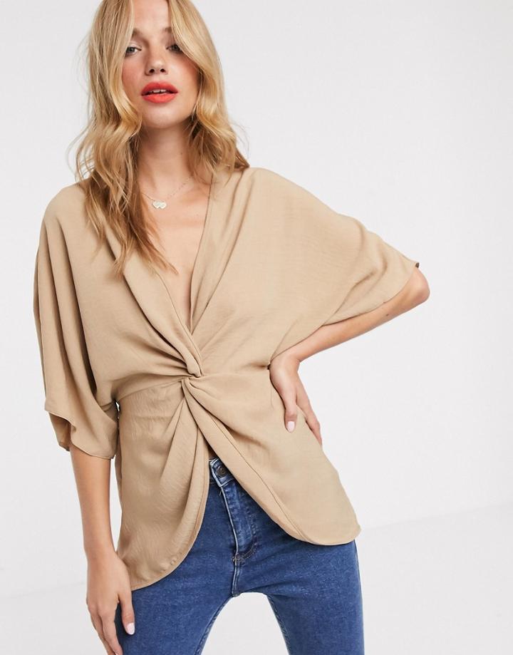 Asos Design Knot Front Top With Kimono Sleeve-brown