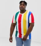 Asos Design Plus Relaxed T-shirt With Thick Vertical Rainbow Stripe - White