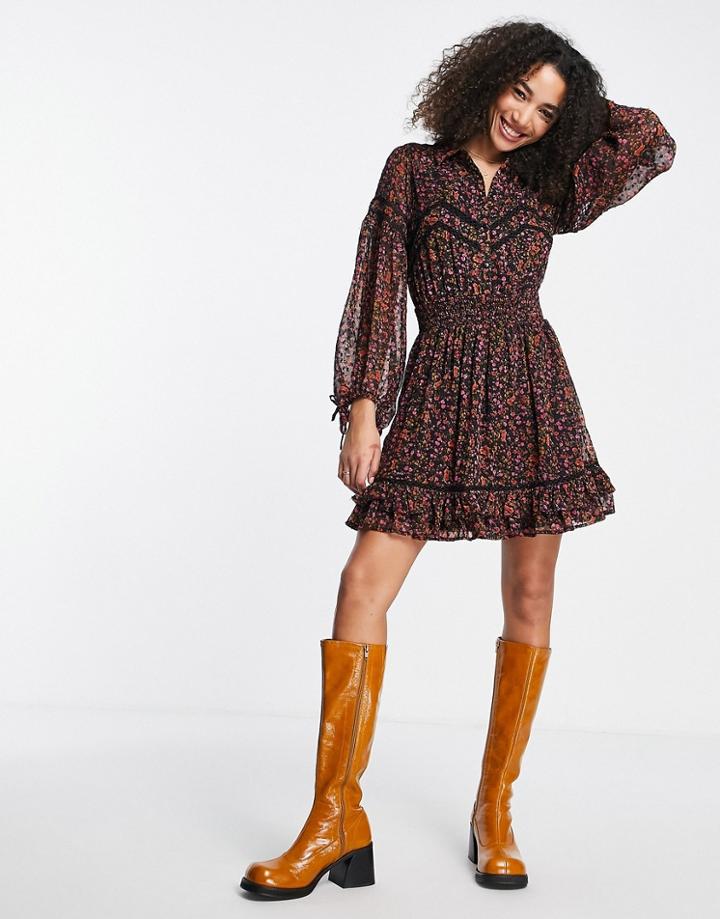 Topshop Floral Textured Mini Tea Dress In Multi