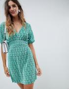 Asos Design Mini Ditsy Print Plisse Dress With Shirred Waist - Multi