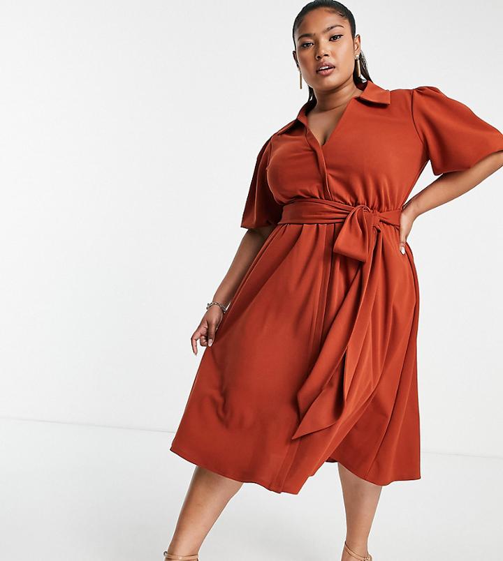 Asos Design Curve Belted Shirt Dress In Rust-brown