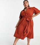Asos Design Curve Belted Shirt Dress In Rust-brown