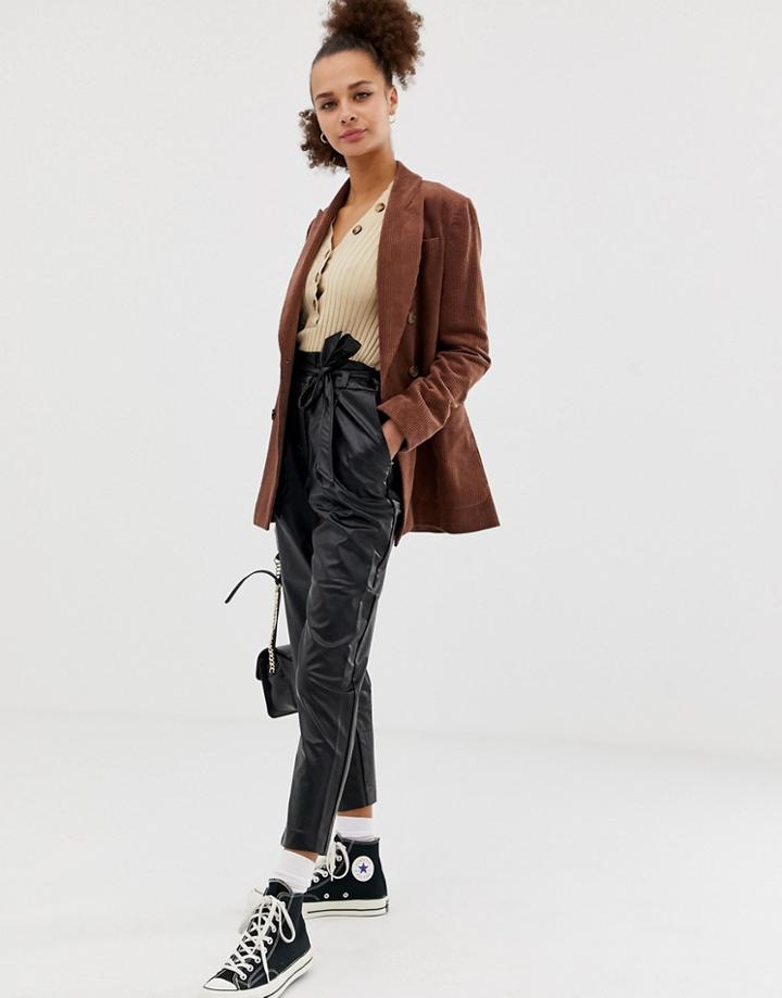 New Look Pu Tie Waist Pants In Black - Black