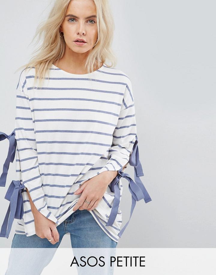 Asos Petite Top With Tie Sleeves In Stripe - Multi