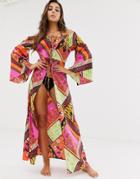 Asos Design Glam Off Shoulder Maxi Beach Kimono In Scarf Print-multi