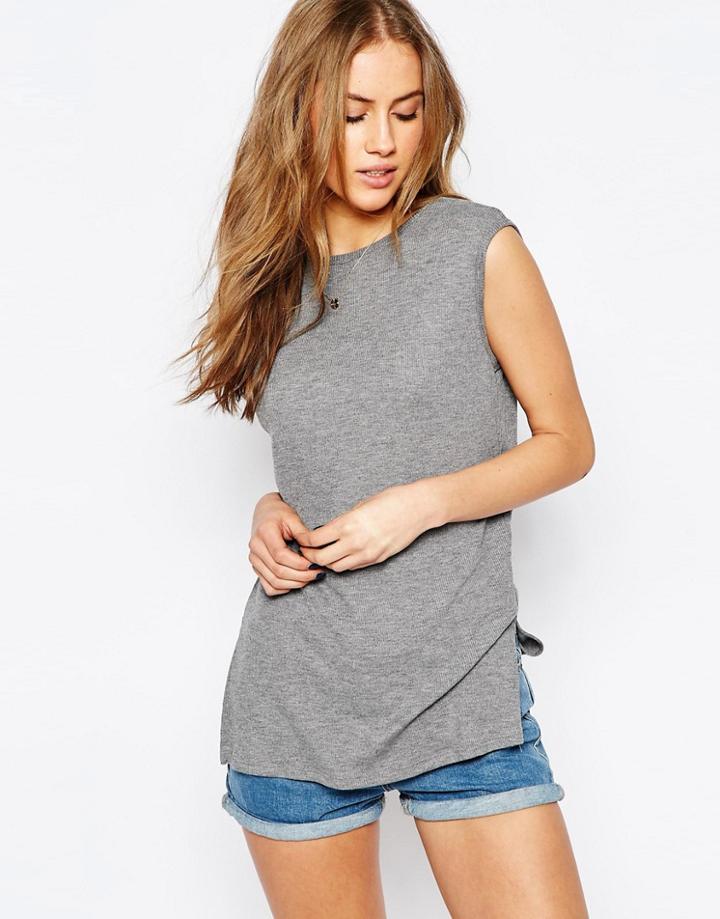 Asos Longline Top With V Back And Split Sides - Gray
