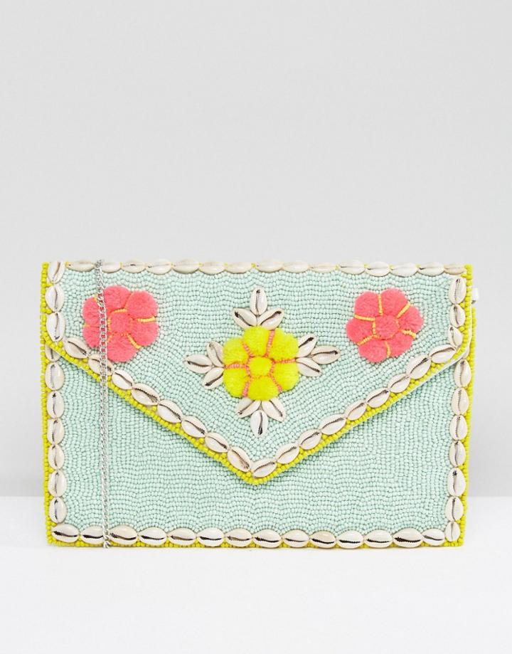Park Lane Embellished 3d Floral Clutch Bag With Detachable Strap - Blue