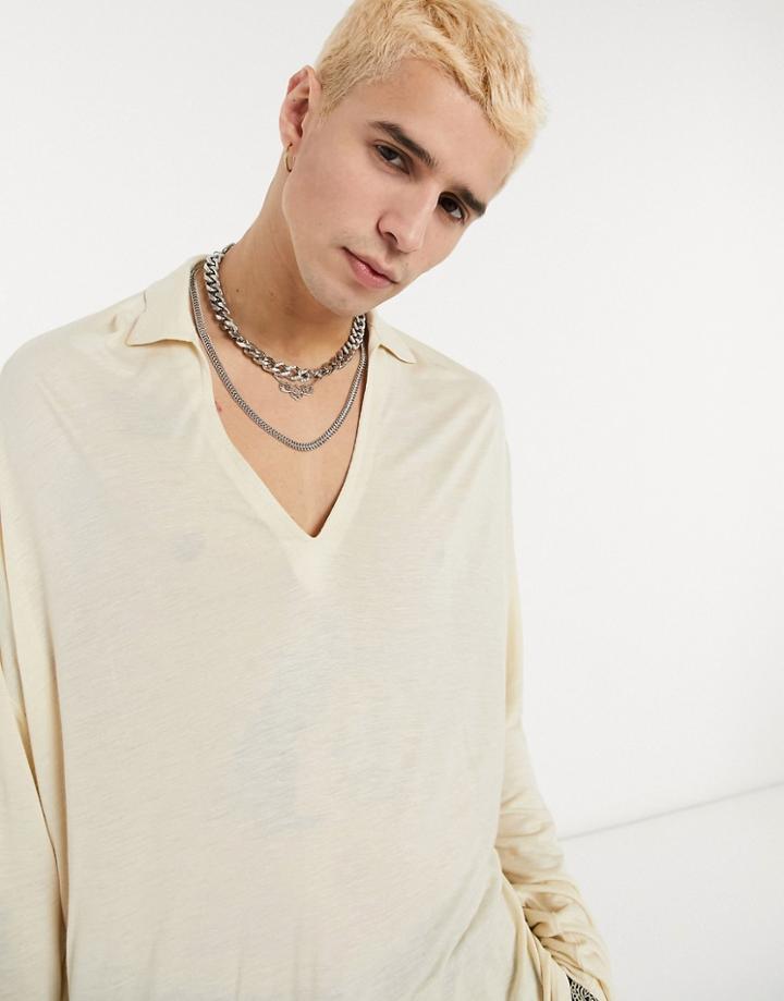 Asos Design Oversized Viscose Polo With Deep Revere Collar In Beige-neutral