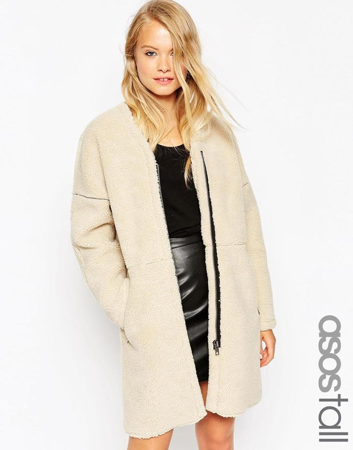 Asos Tall Cocoon Coat In Borg - Cream