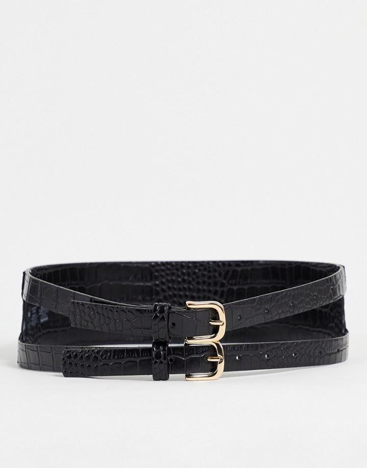 Asos Design Double Buckle Waist Belt In Black Croc