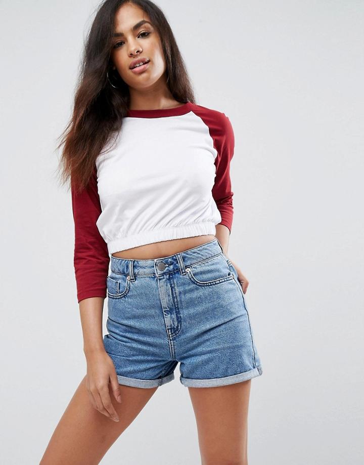 Asos Cropped T-shirt With Elasticated Hem And Block Sleeves - White
