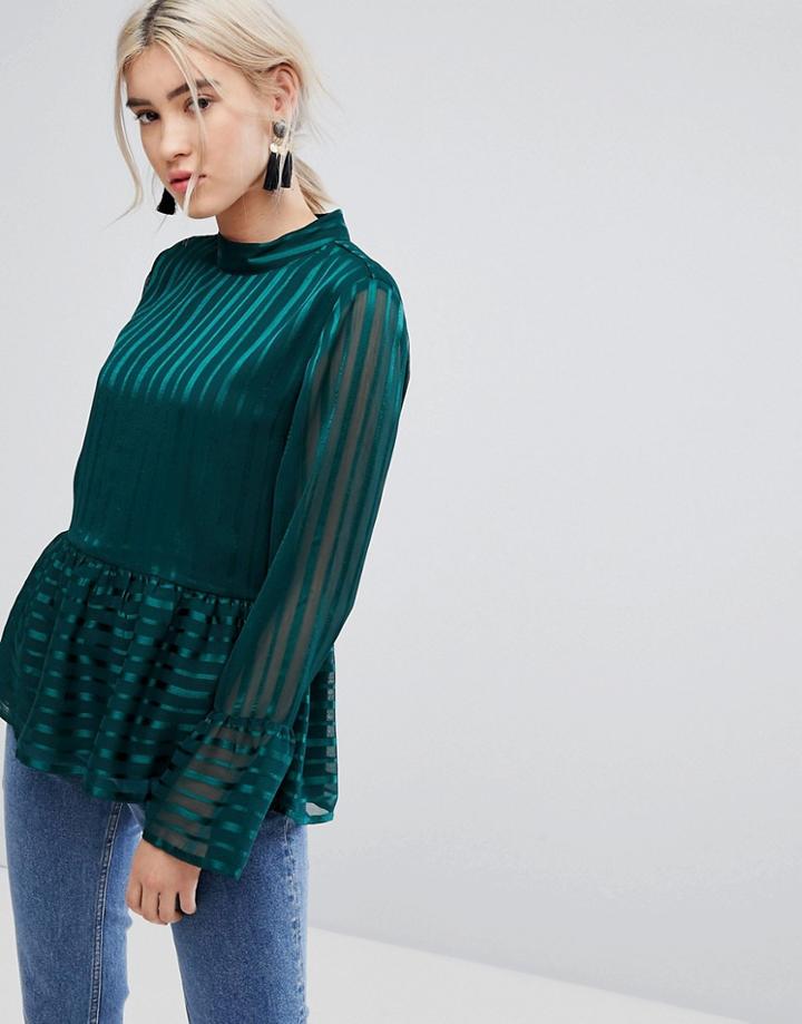Vila Striped Frill Hem Shell Top - Green