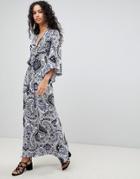 Qed London Printed Maxi Dress With Kimono Sleeves - Blue