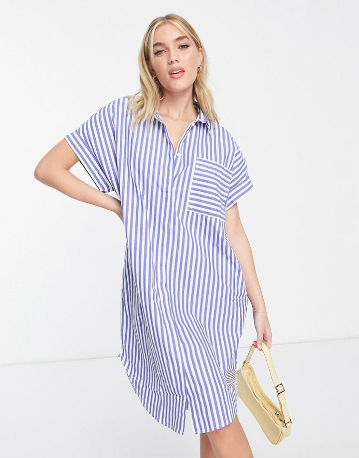 Monki Short Sleeve Midi Shirt Dress In Blue Stripe