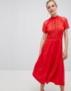 Liquorish A Line Lace Detail Midi Dress - Red
