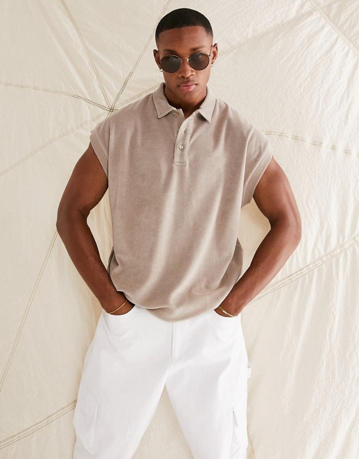 Asos Design Oversized Vest In Neutral With Polo Collar In Terrycloth