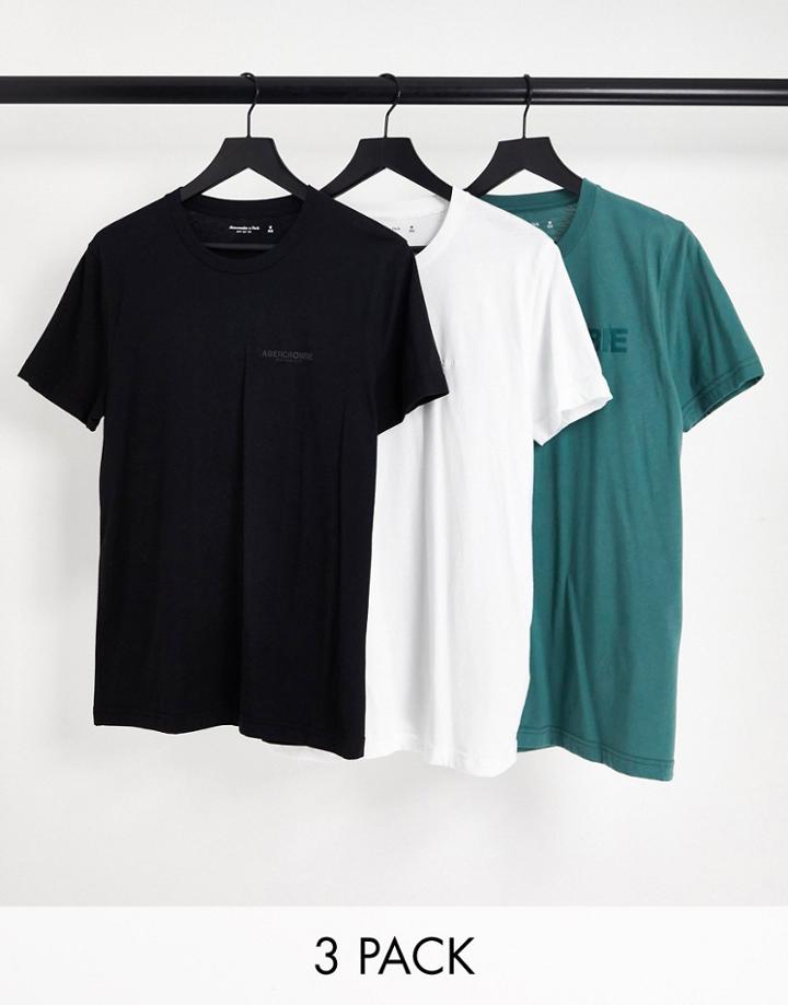 Abercrombie & Fitch 3 Pack T-shirts With Back Prints In Black, Green And White-multi