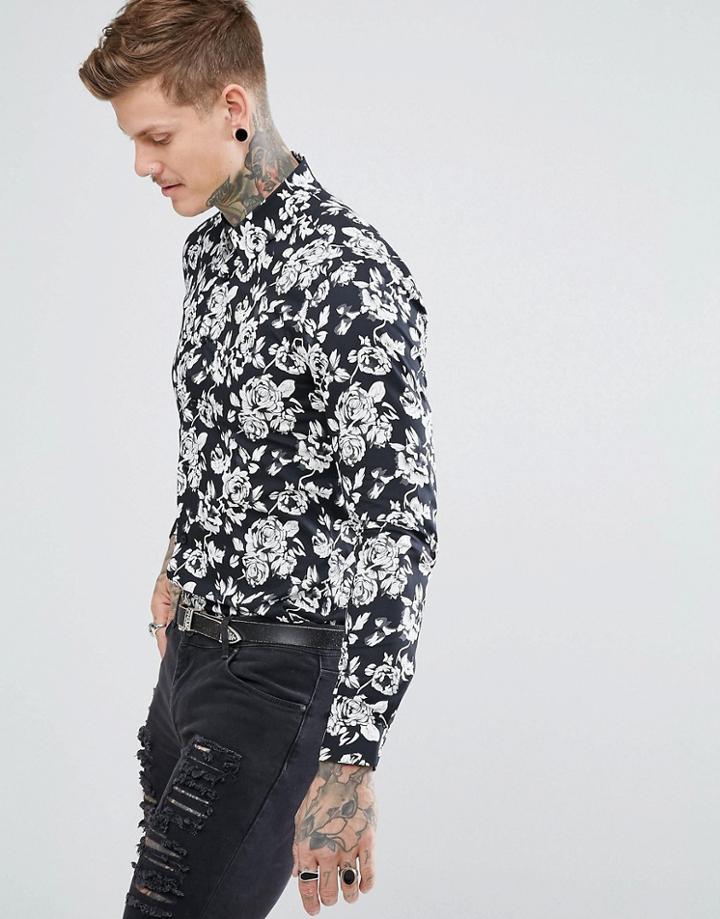 Devils Advocate Black Rose Floral Slim Fit Shirt - Black