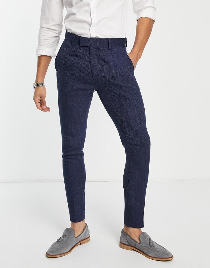 Asos Design Super Skinny Wool Mix Suit Pants In Navy Herringbone