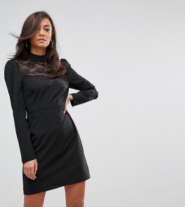 Fashion Union Tall Long Sleeve Dress With High Neck In Lace-black