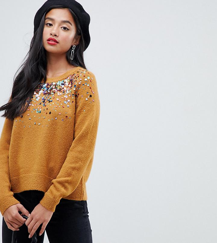 Asos Design Petite Sweater With Scattered Sequin Detail - Stone