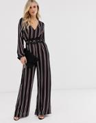 Ax Paris Stripe Long Sleeve Jumpsuit - Black