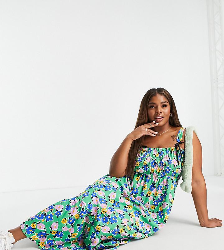Asos Design Curve Tie Strap Shirred Bust Maxi Dress In Blue Floral Print-multi