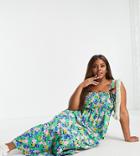Asos Design Curve Tie Strap Shirred Bust Maxi Dress In Blue Floral Print-multi