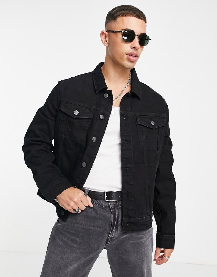 River Island Denim Jacket In Black-green