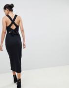 Fashion Union Ribbed Midi Dress With Tie Back Detail - Black