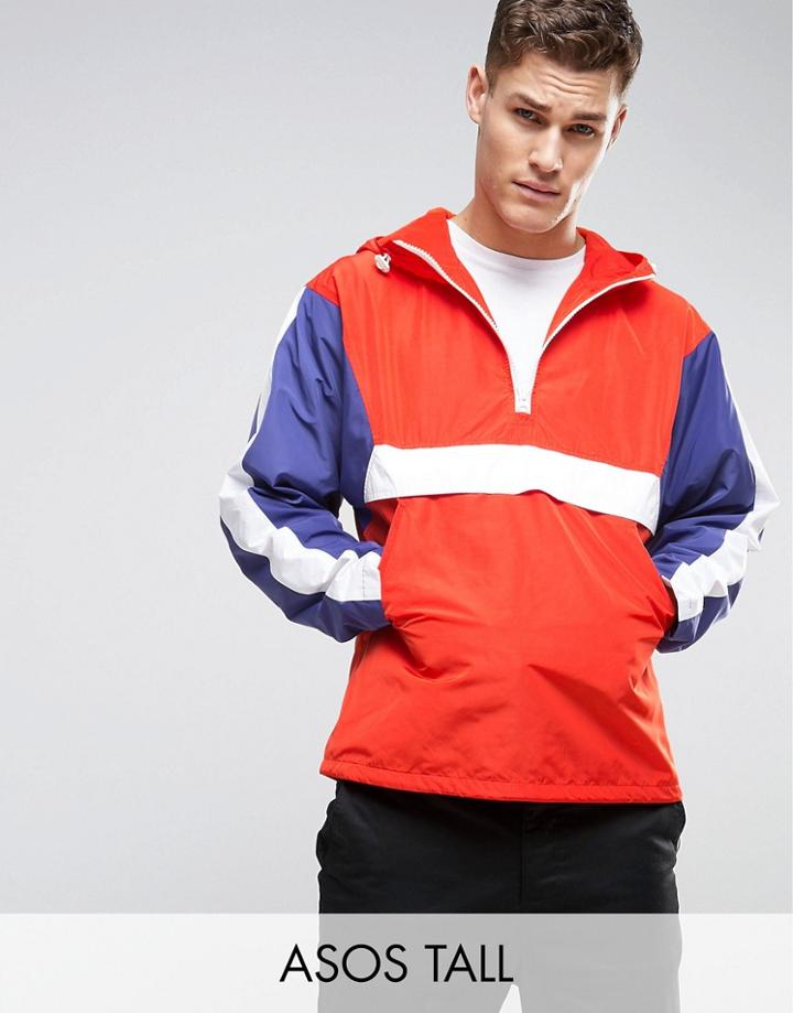 Asos Tall Over Head Windbreaker With Color Block In Red - Red