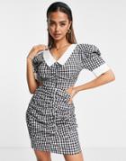 Urban Revivo Cut Out Volume Sleeve Mini Dress In Black And White Gingham