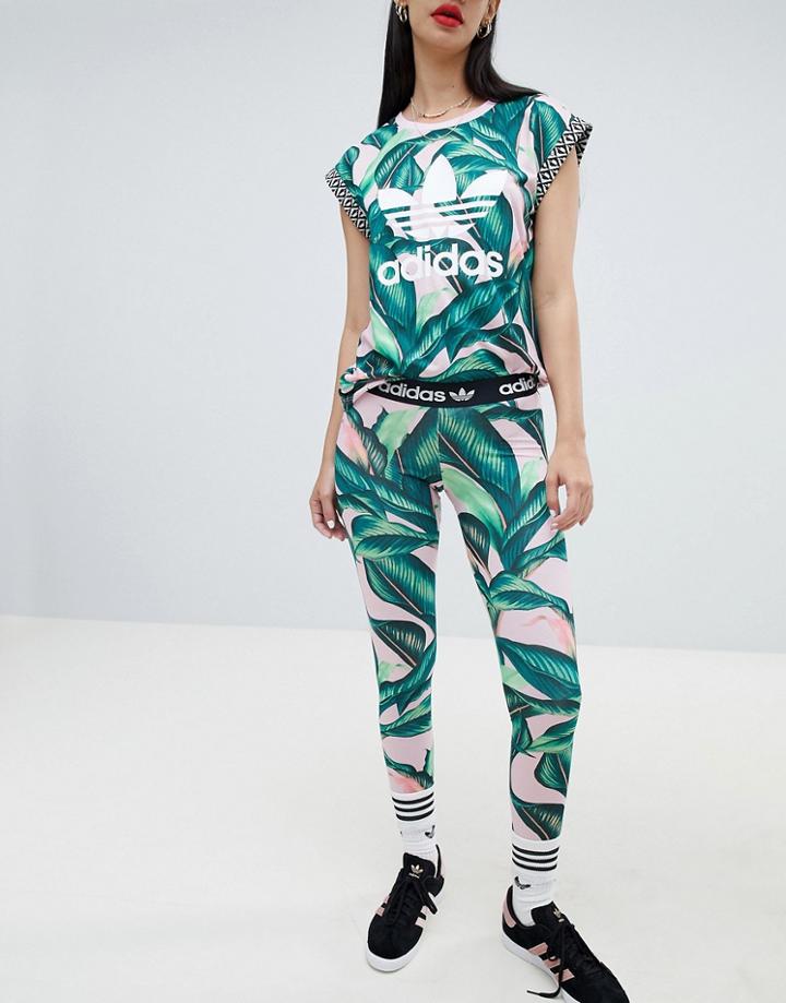 Adidas Originals X Farm Leggings With Trefoil Logo In Palm Print - Multi