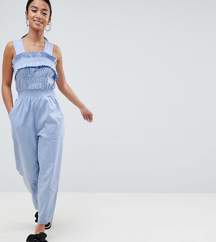 Asos Design Petite Ruched Waist Jumpsuit With Top Stitch Detail - Blue